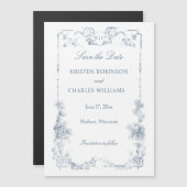 Elegant Dusty Blue French Floral Save the Date Magneteinladung (Vorne/Hinten)
