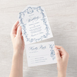 Elegant Dusty Blue French Garden Blume Hochzeit All In One Einladung