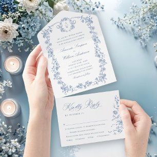 Elegant Dusty Blue French Garden Blume Hochzeit All In One Einladung