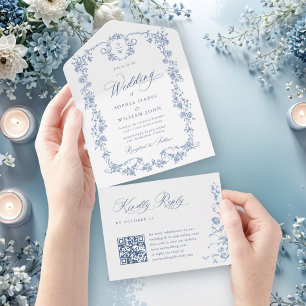 Elegant Dusty Blue French Garden Blume Hochzeit All In One Einladung