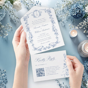 Elegant Dusty Blue French Garden Blume Hochzeit All In One Einladung