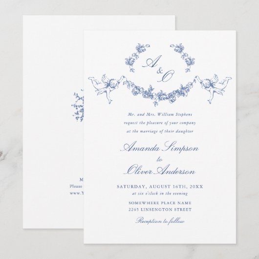Elegant Dusty Blue French Garden Floral Wedding Einladung (Vorne/Hinten)
