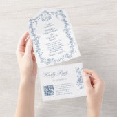 Elegant Dusty Blue French Garden QR Code Wedding All In One Einladung (Abreißen)
