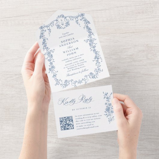 Elegant Dusty Blue French Garden QR Code Wedding All In One Einladung (Abreißen)