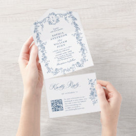 Elegant Dusty Blue French Garden QR Code Wedding All In One Einladung