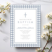 Elegant Dusty Blue Gingham Boy Baptism Einladung
