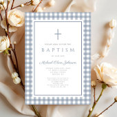 Elegant Dusty Blue Gingham Boy Baptism Einladung