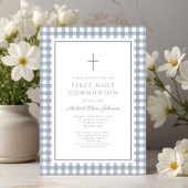 Elegant Dusty Blue Gingham Boy First Communion Einladung