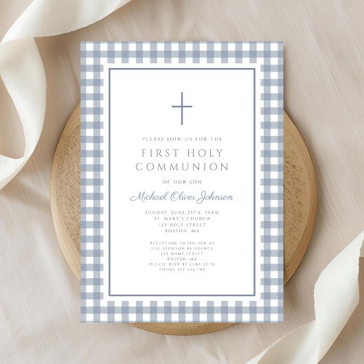 Elegant Dusty Blue Gingham Boy First Communion Einladung