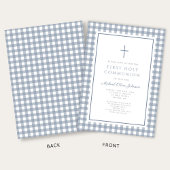Elegant Dusty Blue Gingham Boy First Communion Einladung