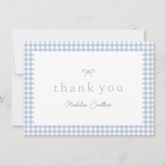 Elegant Dusty Blue Gingham Boys Baby Shower Dankeskarte (Vorderseite)