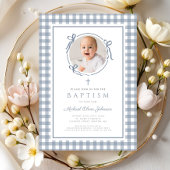 Elegant Dusty Blue Gingham Photo Girl Baptism Einladung
