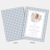 Elegant Dusty Blue Gingham Photo Girl Baptism Einladung