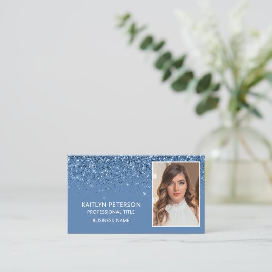 Elegant Dusty Blue Glitter Photo QR Code Visitenkarte (Stehend Vorderseite)