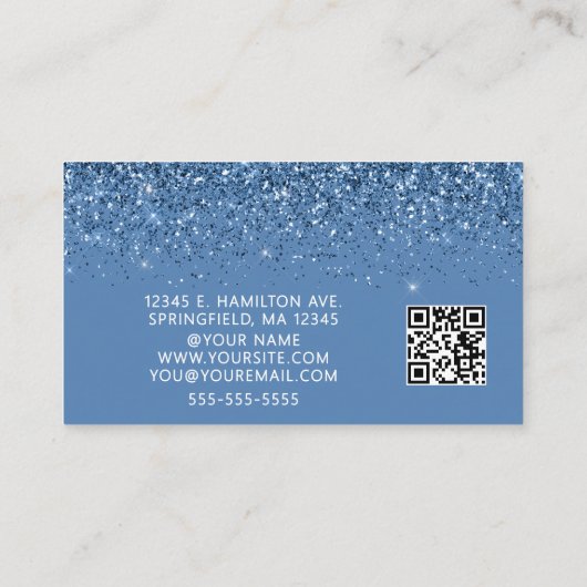 Elegant Dusty Blue Glitter Photo QR Code  Visitenkarte (Rückseite)
