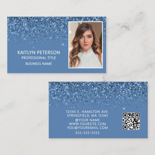 Elegant Dusty Blue Glitter Photo QR Code  Visitenkarte (Vorne/Hinten)