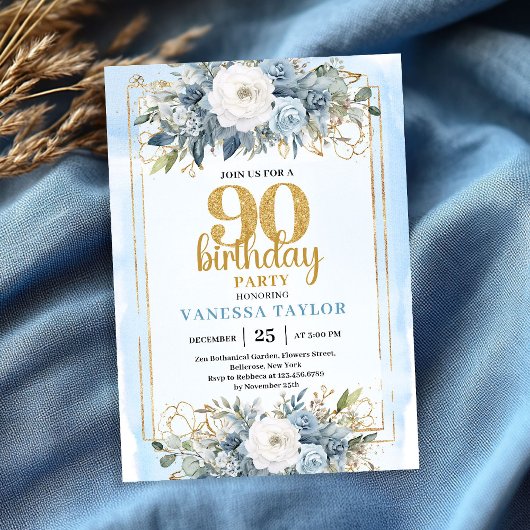 Elegant Dusty Blue Gold 90th Birthday Party Invite Einladung