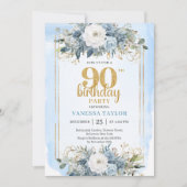 Elegant Dusty Blue Gold 90th Birthday Party Invite Einladung (Vorderseite)