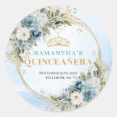 Elegant Dusty Blue Gold Eucalyptus Quinceañera Runder Aufkleber (Vorderseite)