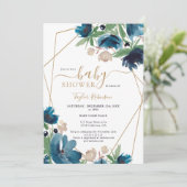 Elegant dusty blue gold Floral Baby shower Einladung (Stehend Vorderseite)