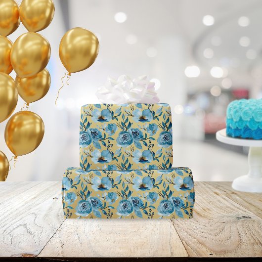 Elegant Dusty Blue Gold Floral Geschenkpapier