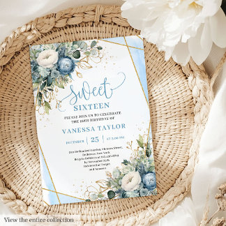 Elegant dusty blue gold floral sweet 16 Einladung