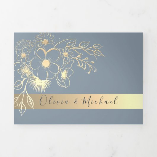 Elegant Dusty Blue Gold Floral Wedding Dreifach Gefaltete Einladung (Cover)