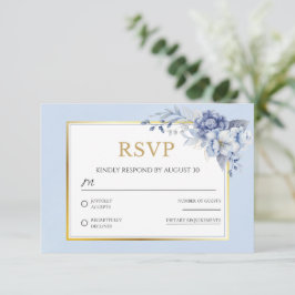 Elegant Dusty Blue Gold Floral Wedding RSVP Card