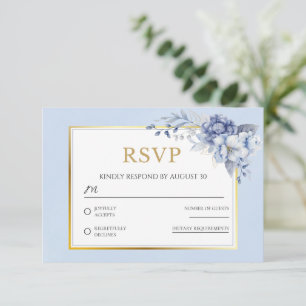 Elegant Dusty Blue Gold Floral Wedding RSVP Card Karte