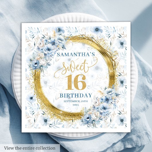 Elegant Dusty Blue Gold Glitzer 16 . Geburtstag Serviette