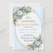 Elegant Dusty Blue Gold Greenery Quinceañera  Einladung (Vorderseite)