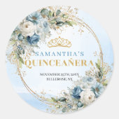 Elegant Dusty Blue Gold Greenery Quinceañera Stick Runder Aufkleber (Vorderseite)