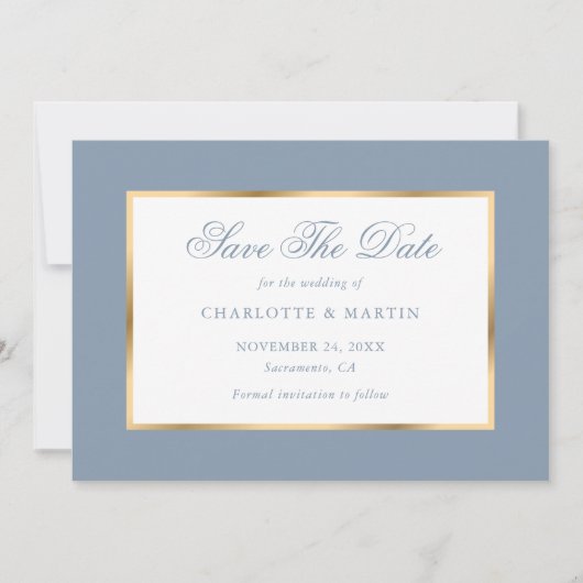 Elegant Dusty Blue Gold Wedding Save The Date (Vorderseite)