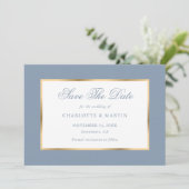 Elegant Dusty Blue Gold Wedding Save The Date (Stehend Vorderseite)