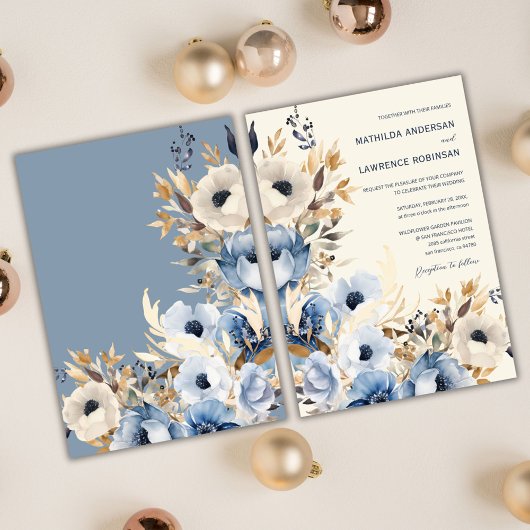 Elegant Dusty Blue Gold Winter Floral Wedding Einladung