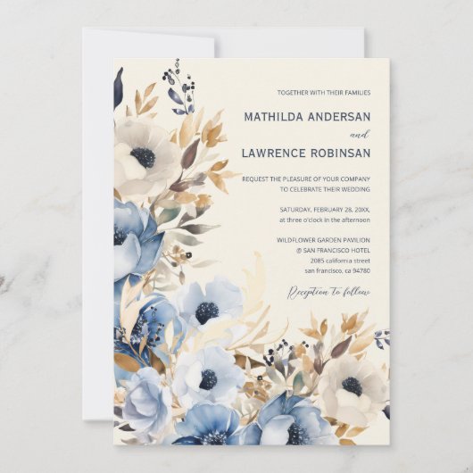 Elegant Dusty Blue Gold Winter Floral Wedding Einladung (Vorderseite)