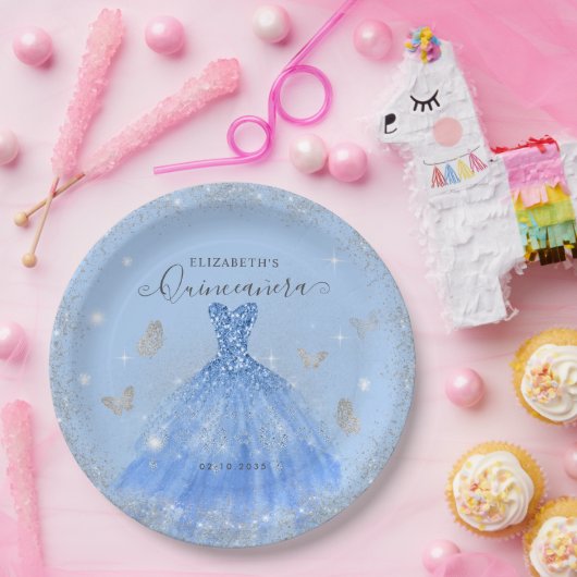 Elegant Dusty Blue Gray Glitzer Gown Quinceañera Pappteller (Party)