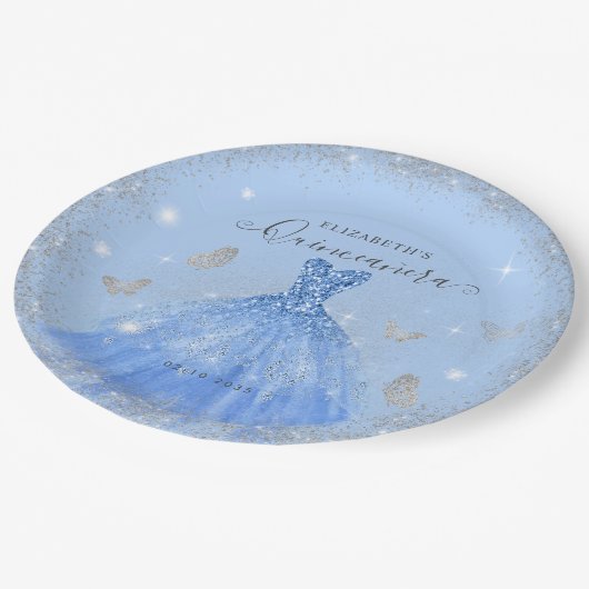 Elegant Dusty Blue Gray Glitzer Gown Quinceañera Pappteller (Schrägansicht)