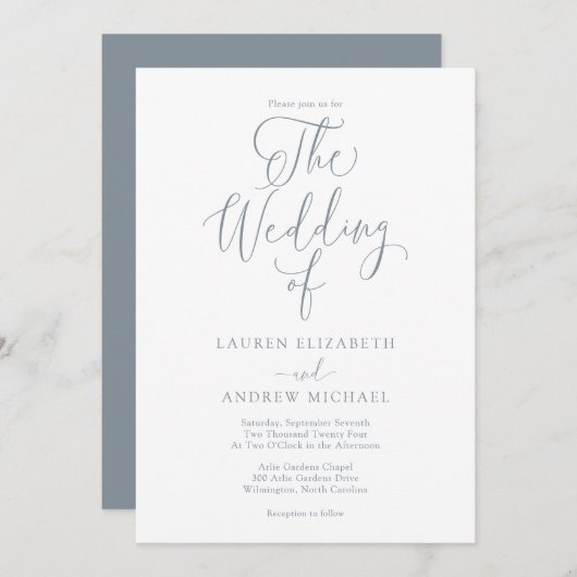Elegant Dusty Blue Gray Minimalistisch Wedding Einladung (Vorne/Hinten)