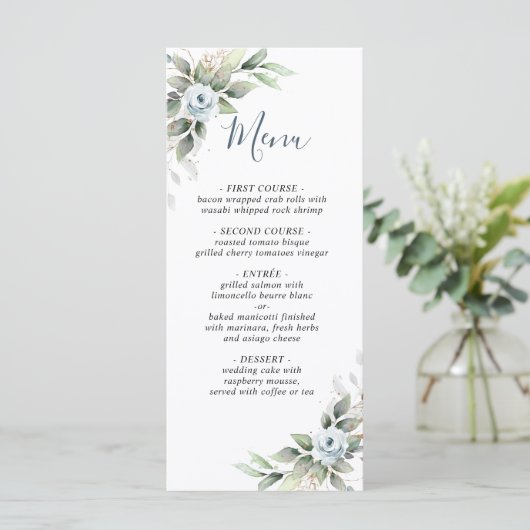 Elegant Dusty Blue Greenerity Wedding Menu Card Menükarte (Stehend Vorderseite)