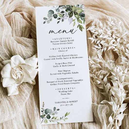 Elegant Dusty Blue Greenerity Wedding Menu Menükarte
