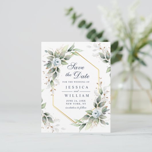 Elegant Dusty Blue Greenerity Wedding Save the Dat Postkarte (Stehend Vorderseite)