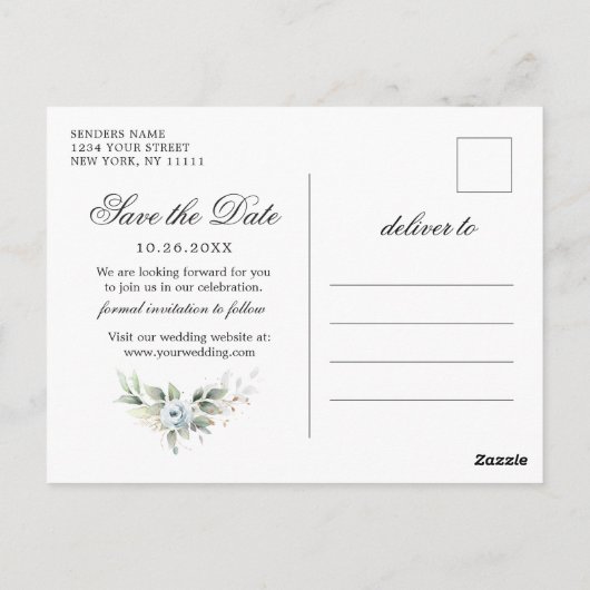 Elegant Dusty Blue Greenerity Wedding Save the Dat Postkarte (Rückseite)
