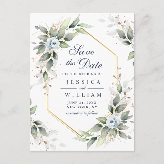 Elegant Dusty Blue Greenerity Wedding Save the Dat Postkarte (Vorderseite)