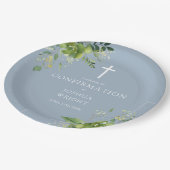 Elegant Dusty Blue Greenery Bestätigung Pappteller (Schrägansicht)
