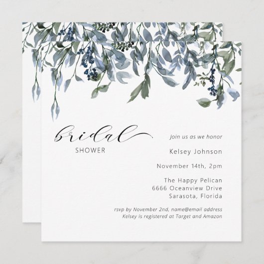 Elegant Dusty Blue Greenery Brautparty Einladung (Vorne/Hinten)