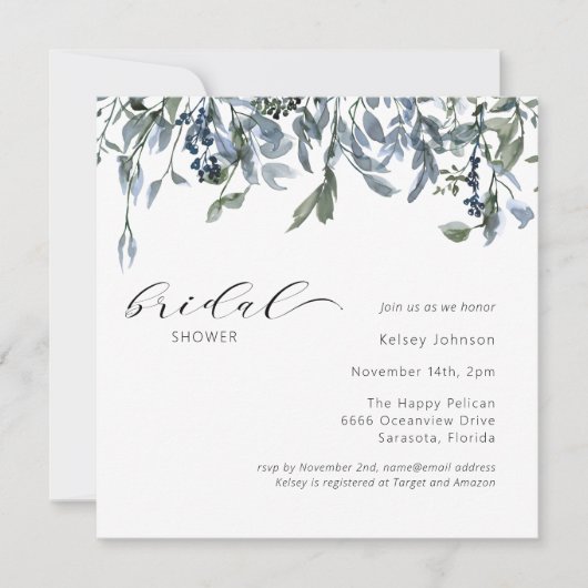 Elegant Dusty Blue Greenery Brautparty Einladung (Vorderseite)