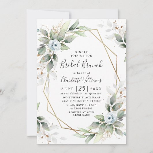 Elegant Dusty Blue Greenery Bridal Brunch Einladung (Vorderseite)