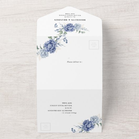 Elegant Dusty Blue Greenery Hochzeitsmaterial All In One Einladung (Außenbereich)