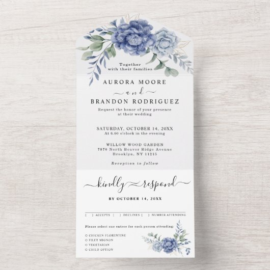 Elegant Dusty Blue Greenery Hochzeitsmaterial All In One Einladung (Innen Boden)